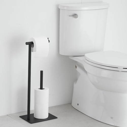 FFK Toilet Paper Holder Free Standing, 21.5" Bathroom Toilet Tissue Roll Holder Stand with Storage, SUS304 Stainless Steel Rustproof - color: Black