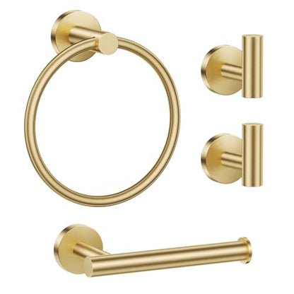 Lairuier Bathroom Hardware Set, 4-Piece Towel Holder Set Include Toilet Paper Holder,Towel Ring and 2 Towel Hooks Stainless Steel Wall Mounted Bathroom Hardware Accessories Set (Brushed Gold) - color: Brushed Gold, size: Set A