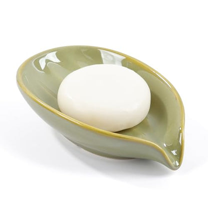 Soap Holder, Self-Draining Soap Dish, Leaf Shape Ceramic Green Bar Soap Holder Drain Soap Dishes for Bathroom Sink Kitchen, Easy to Clean Keeps Soap Dry, ANTIS'S HOME - color: Green-1pcs