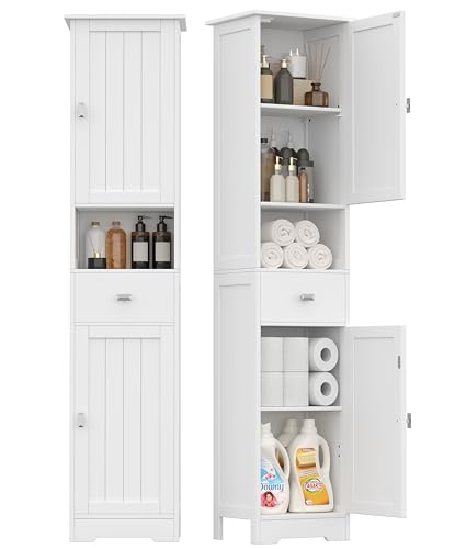 Akxomel 67" H Narrow Tall Bathroom Cabinet with 2 Doors and Storage Drawer | Floor Cabinet with Adjustable Shelves, Anti-Tip Design, 11.0 x 12.6 x 66.9 Inches, for Bathroom, Kitchen，Entryway, White