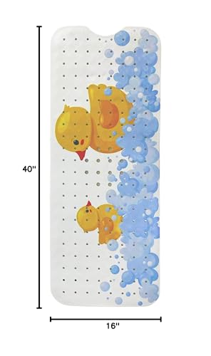 ENKOSI Non-Slip Bath & Shower Mat 40x16 Extra Long, Suction & Drain Holes | Fun rubber duck print for kids; Durable PVC; 40x16 in, Duck - color: Duck Print