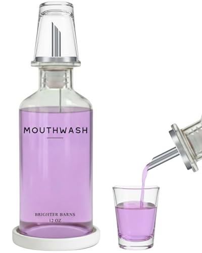 Glass Mouthwash Dispenser for Bathroom by Brighter Barns - Refillable Mouthwash Container with Glass Cup and Tray - Mouth Wash Dispensers for Bathroom Sink, Home Decor, Airbnb, Office, Hotel (Clear) - color: Clear