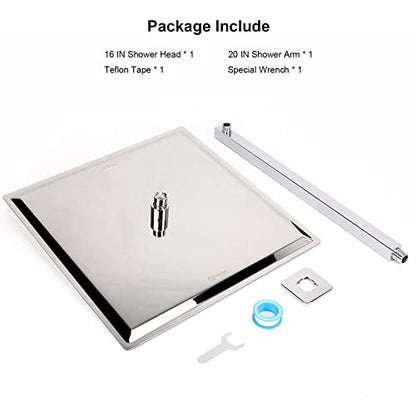 Shower Head with Extension Arm, High Pressure Square with ShowerArm, Stainless Steel Rainfall-Waterfall Full Body Coverage (16'' Shower with 20'' Arm, Chrome) - color: Chrome, size: 16'' Shower with 20'' Arm