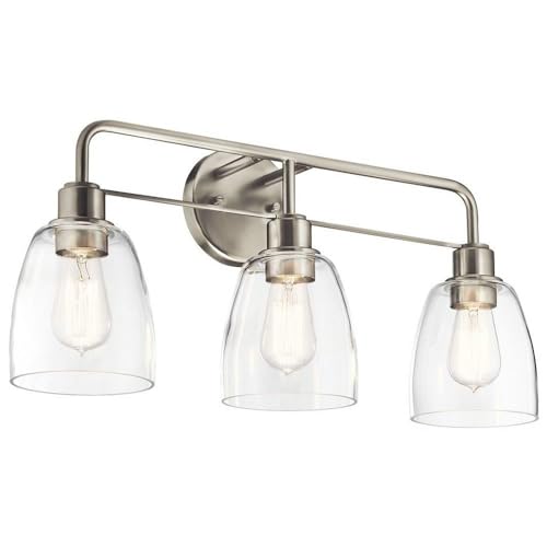 Kichler Meller 24.25" 3-Light Bathroom Vanity Light Fixture with Clear Glass Shades in Brushed Nickel, Industrial Modern Style Over Mirror (24.25" x 11.25" x 7"), 55102NI - color: Brushed Nickel, style: 3 Light