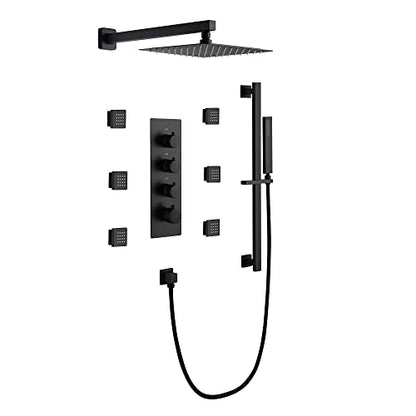 Cascada Luxury 12” Rainfall Shower set (Wall Mounted) with 4 knob thermostatic Valves & 3 functions (Rainfall, Body jets & Hand Shower) (Matt Black) - color: Matt Black