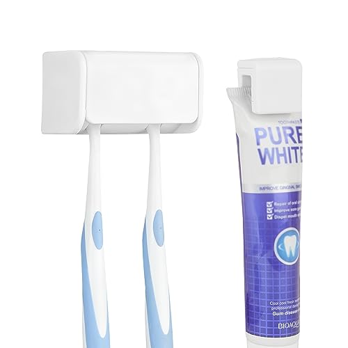 Toothbrush Holder Wall Mounted with Cover for Bathroom, 2 Slots Toothbrush Storage Organizer for Shower, Self Adhesive Toothbrush Hanger with Toothpaste Clip - color: White, size: Combination B: 1PACK