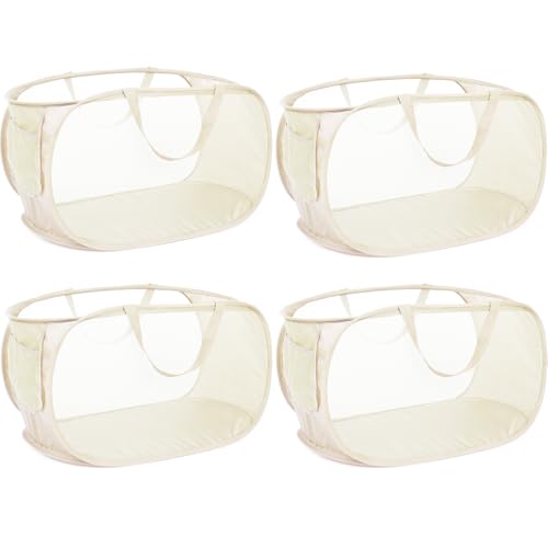4 Pcs Durable Collapsible Laundry Baskets, Foldable Large Opening Pop Up Laundry Hamper with Pocket, Clothes Hamper with Handles for Laundry, Bathroom, Kids Room, Dorm or Travel Beige - color: 4 x Beige