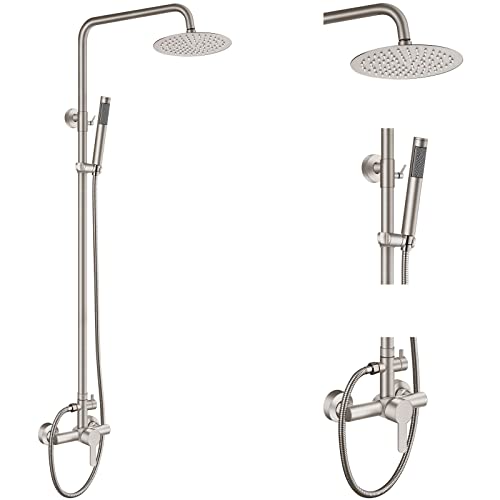 Aolemi Outdoor Shower Kit SUS304 with Cylinder Handheld Brushed Nickel | 2 Function,8 Inch Head,Cylinder Handheld Spray,Adjustable Height,Outside Exposed Shower Fixture,Single Handle,Wall Mount - color: Nickel