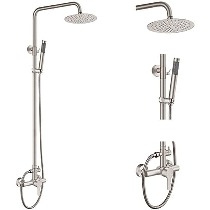 Aolemi Outdoor Shower Kit SUS304 with Cylinder Handheld Brushed Nickel | 2 Function,8 Inch Head,Cylinder Handheld Spray,Adjustable Height,Outside Exposed Shower Fixture,Single Handle,Wall Mount - color: Nickel