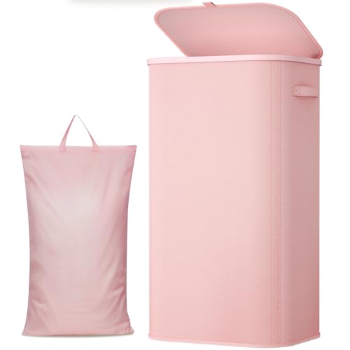 Lifewit 105L Large Laundry Basket with Lid, Laundry Hamper with Plastic Handles and Removable Bag, Foldable Tall Dirty Clothes Hampers for Laundry for Laundry Room, Bedroom, Bathroom, Dorm, Pink - color: Pink, size: 105L
