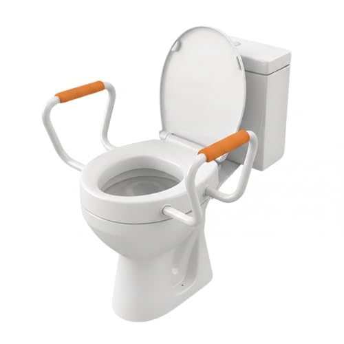 Huttdmel Round Raised Toilet Seat with Handles, 2.8" Elevated Toilet Seat Riser, Soft Close, Quick Release, Non-Slip Heavy Duty Bathroom Safety Seat for Seniors, Elderly, Disabled & Post Surgery