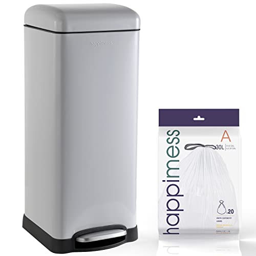 happimess Betty 8 Gal Step Trash Can Soft-Close Lid, Gloss Gray | Fingerprint Resistant, Removable Liner, Semi-Rectangular, Steel Pedal, Iron Powder Coated, 27" Height, Non-Skid Base - color: Gray