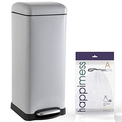 happimess Betty 8 Gal Step Trash Can Soft-Close Lid, Gloss Gray | Fingerprint Resistant, Removable Liner, Semi-Rectangular, Steel Pedal, Iron Powder Coated, 27" Height, Non-Skid Base - color: Gray