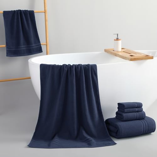 REDKISS Navy Towels Set 6 Piece Cotton Towel Sets with 2 Bath Towels, 2 Hand, 2 Washcloths, 650GSM Hotel Quality, Soft, Highly Absorbent Towels for Bathroom Gym, Ideal Everyday Use - color: Navy Blue