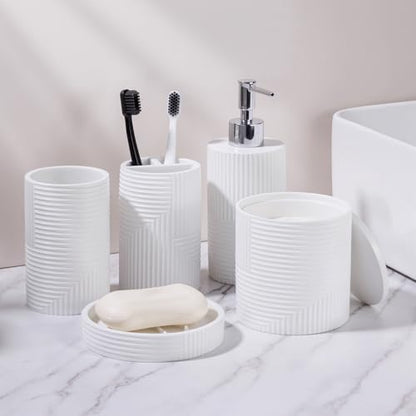 5 Pack Bathroom Accessories Set, White Resin Bathroom Set | Resin Soap Dispenser and Toothbrush Holder Set, Tumbler & Soap Dish, Cotton Swab Jars, Modern Bathroom Decor Sink Sets