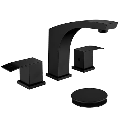 3 Hole Bathroom Faucet Matte Black, 2 Handle 8 inch Widespread Bathroom Sink Faucet with Pop Up Drain and cUPC Supply Hose, Black Bathroom Vanity Faucet 3 Hole WI37151BK | 2 Handle Sink Faucet with Pop Up Drain and cUPC Supply Hose, Stainless Steel Square