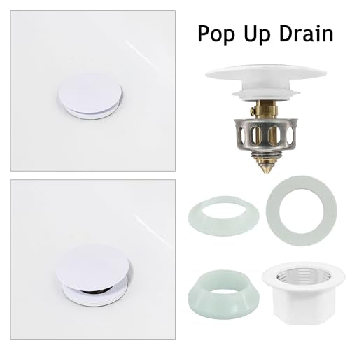 Bathroom Sink Drain,Drain Stopper Bathroom Sink with Overflow,Pop Up Drain Assembly with Detachable Strainer Basket,Built-in Anti-Clogging, Stainless Steel Nut White - color: White-big Cap, style: With Overflow