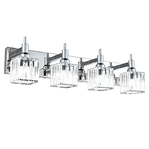 Modern Crystal Bathroom Vanity Light 4-Light Wall Light Fixtures Over Mirror Chrome Vanity Lighting for Bathroom Square Shade Wall Sconce - color: Chrome-Square Shade, size: 4-Light