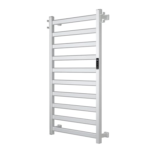EA15 Series Towel Warmer, Heated Towel Rack, 10 Bar, Silver | Classic Square Tube, Dual Hooks, Built-in Thermo Control and Timer, Memory Function, Work with Smart Plug, Bathroom - color: Silver, size: 10 Bar