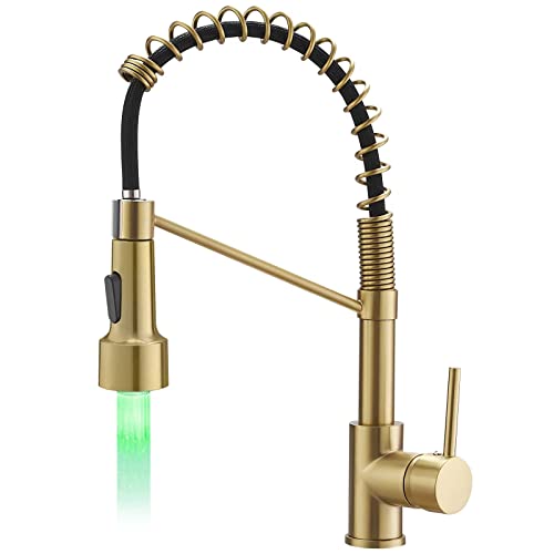 AIMADI Gold Kitchen Faucet with Sprayer,Modern Single Handle Spring | Brushed Gold Pull Down Kitchen Faucet with LED Light - color: Brushed Gold led