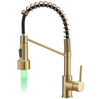 AIMADI Gold Kitchen Faucet with Sprayer,Modern Single Handle Spring | Brushed Gold Pull Down Kitchen Faucet with LED Light - color: Brushed Gold led