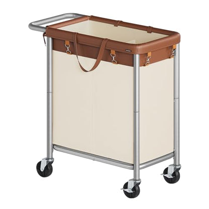 SONGMICS Laundry Basket with Wheels, 2-Section, 37.0 Gallons (140 L) | Rolling Laundry Hamper, Removable Liner, Steel Frame with Handle, 27.2 x 15.4 x 31.9 Inches, STEVIE Collection URLS004KQ02 - color: Coffee Brown + Cream White, size: 140 L (2-Section)