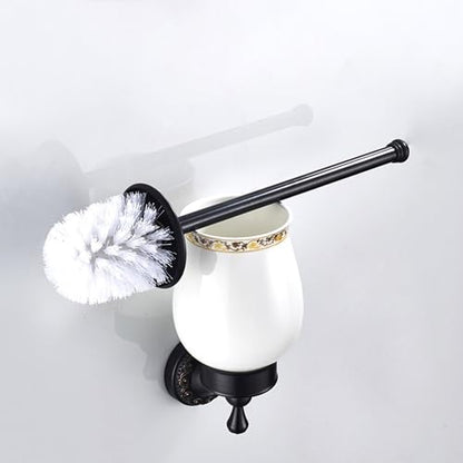 Oil Rubble Bronze Brass Bath Toilet Brush Holder Set, Wall Mounted Black Bathroom Hardware Accessories, Pattern Carving Design - color: Toilet Brush Holder Set