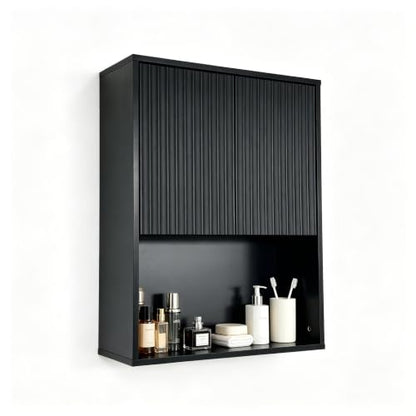 Fluted Bathroom Wall Cabinet Over the Toilet Storage,Wall Mounted Cabinet with Adjustable Shelf,Floating Cabinet Organizer Hanging Cabinet,Kitchen and Laundry Room Cabinets (Black, 1 PC) - color: Black