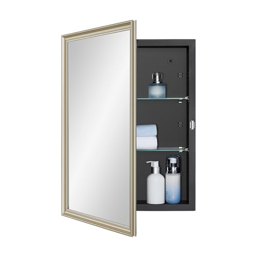 IDYLLOR Black Medicine Cabinet with 16x22 Inch Gold Frame Mirrored Door, Wall Mounted Storage, Recessed or Surface Mount, 2 Adjustable Glass Shelves, Vanity Organizer for Bathroom, Bedroom, Hallway - color: Matte Black, size: 16x22 inch Framed Mirrored Do