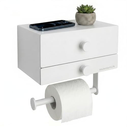 Toilet Paper Holder for Bathroom with Wipes Storage Drawers | Toilet Paper and Wipes Holder for Bathroom - Aluminum TP Holder with Adhesive or Wall Screw Mounting - White/White Knobs
