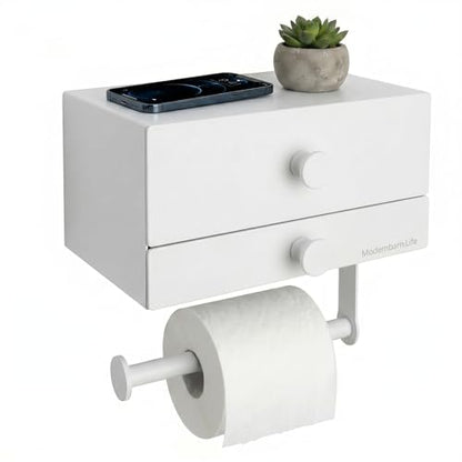 Toilet Paper Holder for Bathroom with Wipes Storage Drawers | Toilet Paper and Wipes Holder for Bathroom - Aluminum TP Holder with Adhesive or Wall Screw Mounting - White/White Knobs