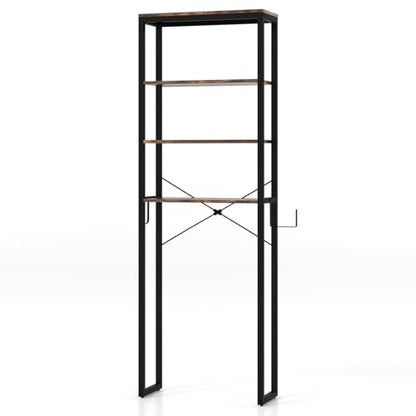 LOKO Bathroom Over The Toilet Storage Rack, 4-Tier Industrial Organizer Shelf with Toilet Paper Holder & Hook, Multifunctional Freestanding Space Saver Plant Stand for Laundry Balcony, Rustic Brown