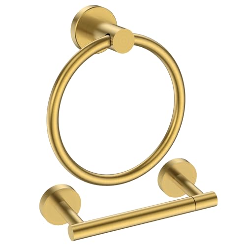FORIOUS Toilet Paper Holder and Towel Ring Set, Bathroom Accessories Set | Brushed Gold | Double Post Pivoting Toilet Paper Holder Wall Mounted and Hand Towel Ring | SUS304 Stainless Steel | Round - color: Brushed Gold, size: Classic