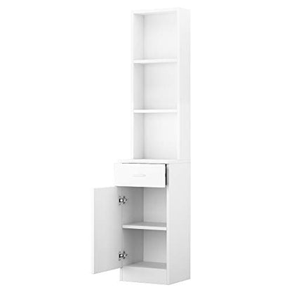 White Bathroom Tall Cabinet, Slim Storage Cabinet, Narrow Freestanding Floor Cabinet with Drawer & Shelves, Linen Tower,Storage Cabinet with Open Shelves,Shelves for Home, Kitchen 34 x 33 x 178CM