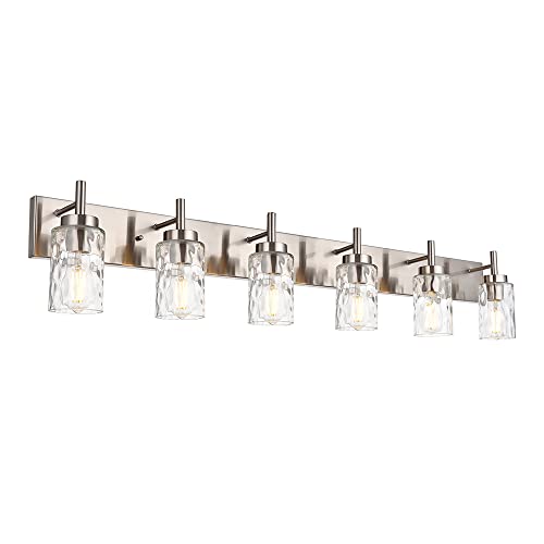BONLICHT Mid-Century Bathroom Vanity Wall Light with Clear Water Glass, Farmhouse 6 Light Bath Lighting Over Mirror Modern Brushed Nickel Sconce Wall Lamp for Dining Room Dressing Table Vanity Table - color: Brushed Nickel, size: 6 Lights