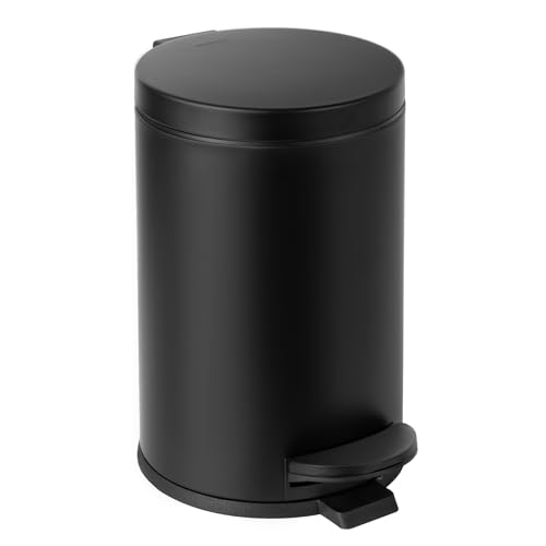Cesun Small Round Bathroom Trash Can with Lid Soft Close, 1.2 Gal, Black | Removable Inner Bucket, Stainless Steel Garbage Can for Bedroom/Office, Hands-Free Step Pedal, Fingerprint-Resistant - color: Matte Black