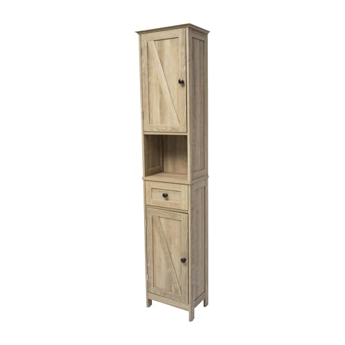 Flash Furniture Freestanding Bathroom Linen Tower Storage Cabinet, Brown | Farmhouse, Magnetic Close Doors, 2 Adjustable Shelves, Open Display Shelf - color: Brown