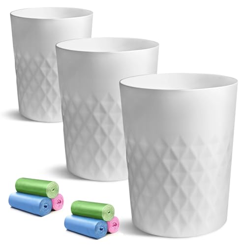 YGJT Bathroom Trash Can, 3 Pack 1.8 Gallons Small Trash Can with Trash Bags | Slim Waste Basket, Round Garbage Can, Plastic Trash Bin for Kitchen, Dorm, Bedroom, Office, Living Room|Compact Spaces(White) - color: White R, size: 3Pack