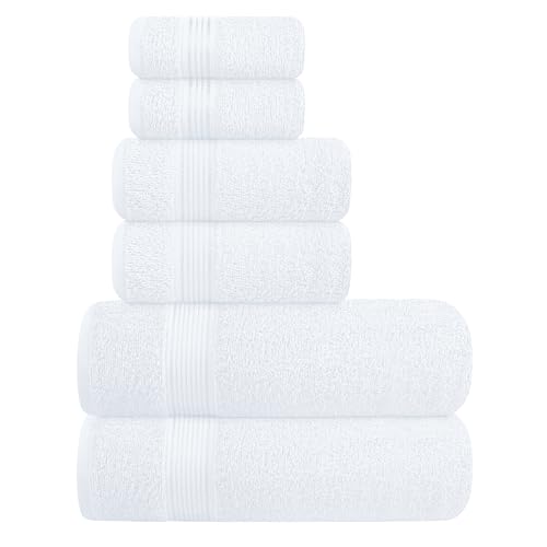 Ultra Soft 6 Pack Cotton Towel Set, Contains 2 Bath Towels 28x55 inch, 2 Hand Towels 16x24 inch & 2 Wash Coths 12x12 inch, Ideal Everyday use, Compact & Lightweight - White - color: White