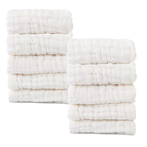 Baby Muslin Washcloths- Natural Cotton Wipes - Soft Newborn Face Towel for Sensitive Skin- Registry as Shower, 10 Pack 12x12 inches by MUKIN (White) - color: White