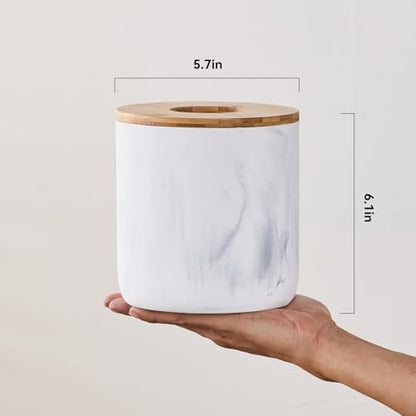 Polytree Marble White Mini Trash Can with Bamboo Lid,Small Countertop Trash Can,Desk Trash Can,Table top Mini Garbage Cans,Resin Tiny Waste Basket - color: Mini White