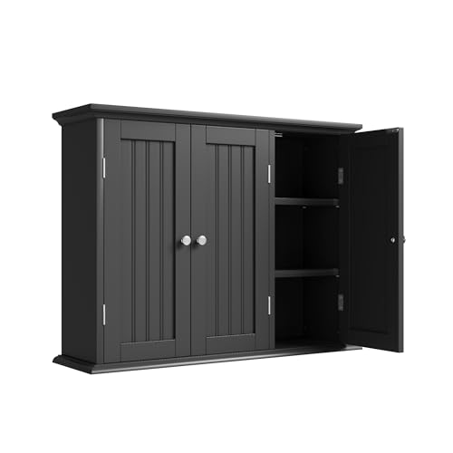 ChooChoo Laundry Cabinet with 3 Doors and Adjustable Shelves | 9.06"D x 31.1"W x 24"H, Bathroom Wall Cabinet, Cupboard, Black - color: Black, size: 9.06"D x 31.1"W x 23.4"H
