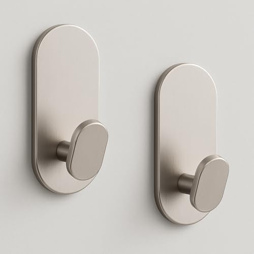 Adhesive Towel Hooks for Bathrooms 2 Pack Brushed Nickel Stainless Steel and Zinc Alloy Sticky Wall Hooks for Hanging Heavy Duty Self Adhesive Robe Shower Hanger for Kitchen, Closet, Cabinet, Door - color: Brushed Nickel