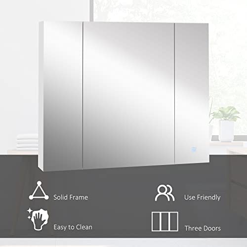 kleankin LED Medicine Cabinet with Mirror, 3 Doors, USB, Wall Mount, White | 35.5 x 29.5" Bathroom Vanity Mirror, rganizer, Dimmer, Touch Switch