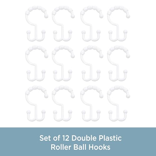 Kenney - Shower Curtain Rings, Rust-Proof Plastic Double Hooks with Beaded Glide Design, Smooth Sliding for Standard Shower Rods, Easy Install, White, 12 Pack - size: Standard