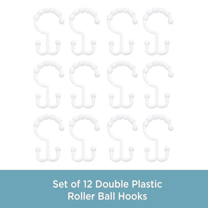 Kenney - Shower Curtain Rings, Rust-Proof Plastic Double Hooks with Beaded Glide Design, Smooth Sliding for Standard Shower Rods, Easy Install, White, 12 Pack - size: Standard