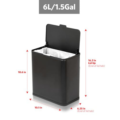 Glad Roomate Under Counter Trash Can - Space Saving Stainless Steel Waste Bin with Dual Lid and Clorox Protection - Small Black Trash Can for Kitchen Cabinet, Under Sink, or Bathroom, 1.5 Gallon (6L) - color: 6 Liter Black Stainless