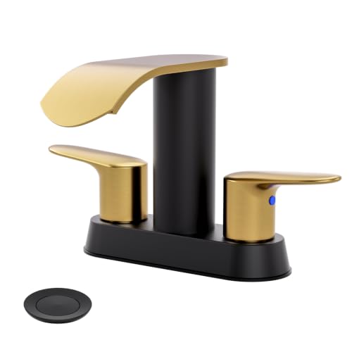 WOWOW Waterfall Centerset Black Gold 4 inch Vanity Bathroom Faucet 3 Hole - color: Black and Gold