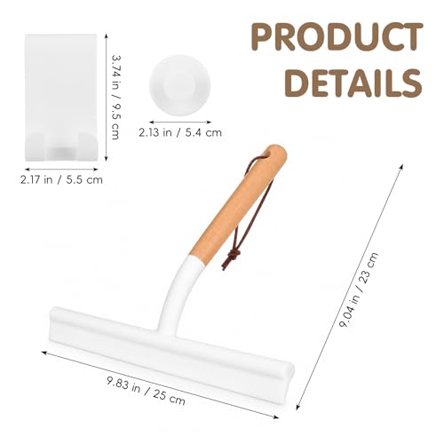 NUOBESTY Shower Squeegee for Glass Doors, Wood Handle White Silicone Wiper | 10" Streak-Free Blade with an Aesthetic Natural Grip. Includes Suction Cup & Over-Door Hook for Bathroom Mirrors & Tiles