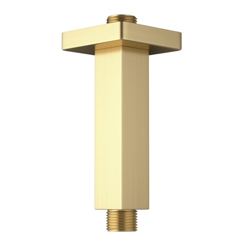 Brushed Gold Shower Arm with Flange, 4 inch, Short | Universal Replacement Part for Ceiling-Mounted Square Straight Shower Head Extension Arm Pipe, Stainless Steel - color: Brushed Gold